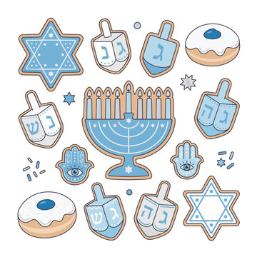 Hanukkah symbols flat vector illustration with menorah and dreidels