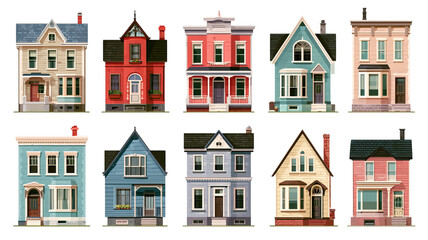 Fototapeta premium Vector house collection with set of house designs in front view, flat design illustration