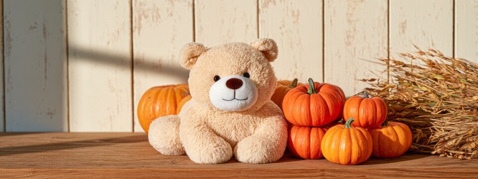 Soft teddy bear sits beside orange pumpkins