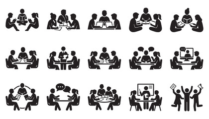 Obraz premium Set of black silhouette icons representing business meetings teamwork collaboration and professional office communication and brainstorming sessions
