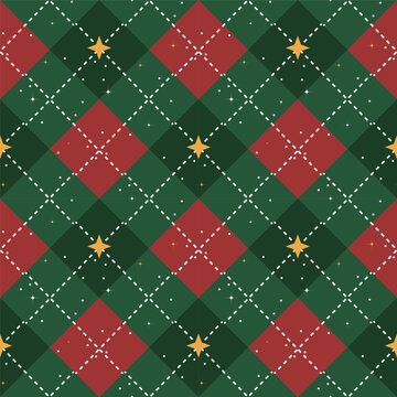 Festive green Christmas argyle seamless pattern with golden stars and falling snow. Ideal for wallpaper, holiday backgrounds, textiles, and wrapping paper. Vector illustration.