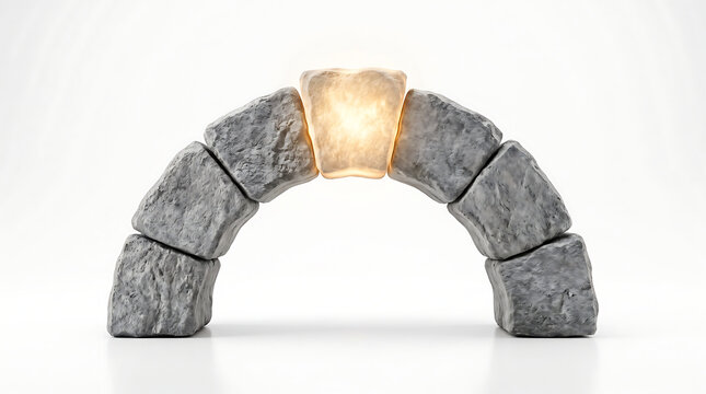 Stone arch structure featuring glowing golden keystone in center representing strength unity and crucial leadership role in architectural stability.