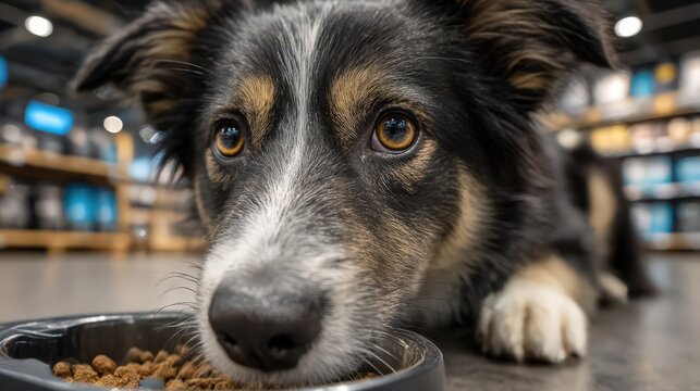 Focused Border Collie Dog Examining Food in Bowl, Close-Up Portrait at Pet Store, Selective Focus on Canine Expression.