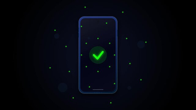 Modern digital motion render of a smartphone screen with green checkmark icon indicating successful verification and data security on dark background