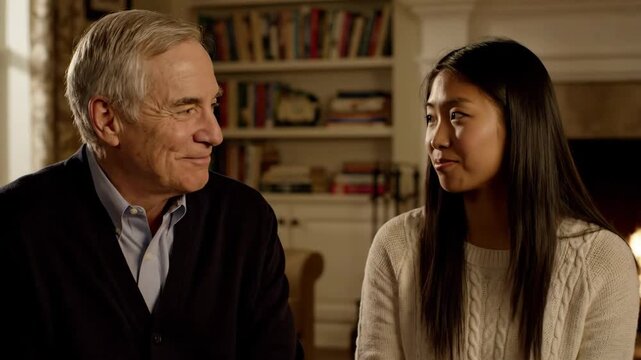 Smiling older man and young woman in a cozy home with fireplace while sharing a moment
