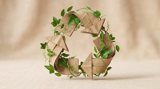 Recycling logo crafted from textured brown paper decorated with verdant ivy vines on a light canvas background.