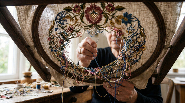 Woman Creating a Handmade Floral Embroidery Wreath with Needle and Thread