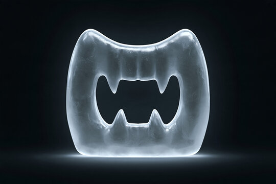 Translucent Ice 3D Vampire Fangs Icon on Dark Background for Halloween