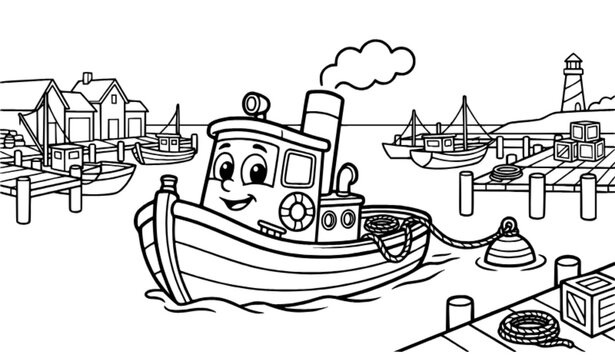 Adorable Tugboat Harbor Adventure Coloring Page with Buoy, Dock and Nautical Details for Kids Vector Illustration