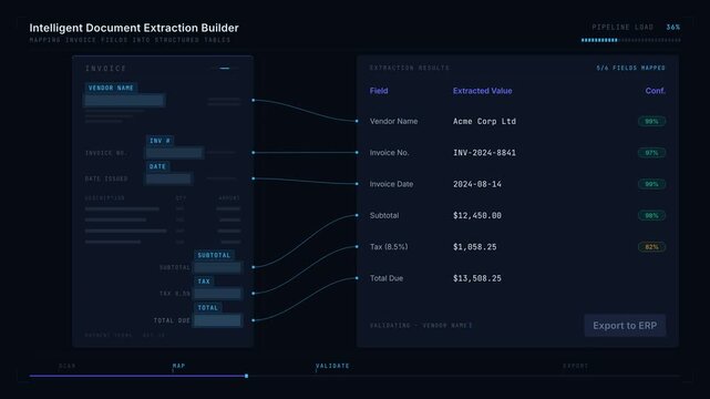 A sophisticated intelligent document extraction process mapping invoice fields into structured tables with animated highlights and data extraction visuals.