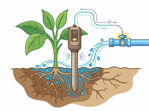 A colorful vector illustration depicting a vibrant green plant receiving automated irrigation, guided by a digital moisture sensor embedded in a soil cross-section, ideal for technology presentations.