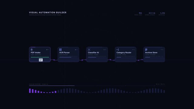 Visual Automation Builder showcases a dark, high-tech interface for classifying documents through AI workflow modules with dynamic animations and a modern aesthetic.