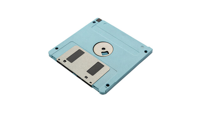 Retro blue floppy disk 3.5 inch magnetic data storage media isolated technology