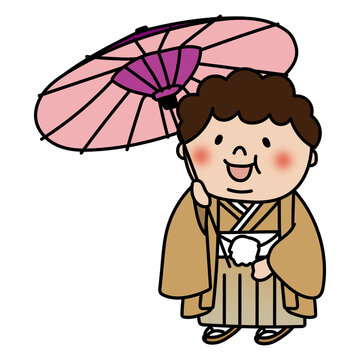 七五三で和傘をさしているぽっちゃりした天パの子供（男の子）