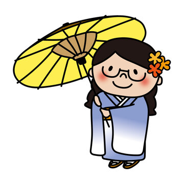 七五三で和傘をさしている眼鏡を掛けた三つ編みの子供（女の子）