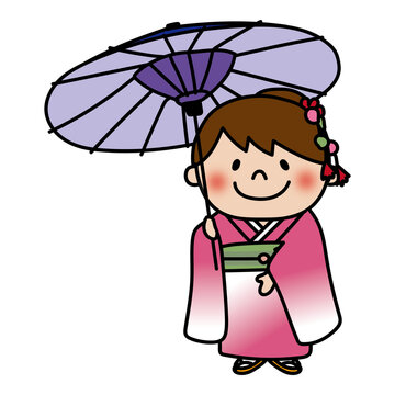 七五三で和傘をさしている元気で明るい子供（女の子）
