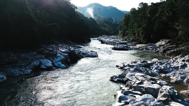 Rocky River Canyon in Tropical Ecuador with Whitewater, Dark Boulders, Forested Banks and Scenic Andean Amazon Wilderness Travel Landscape