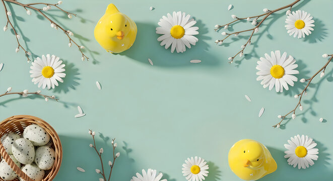 Springtime still life with yellow rubber ducklings daisies and speckled eggs on a pastel background