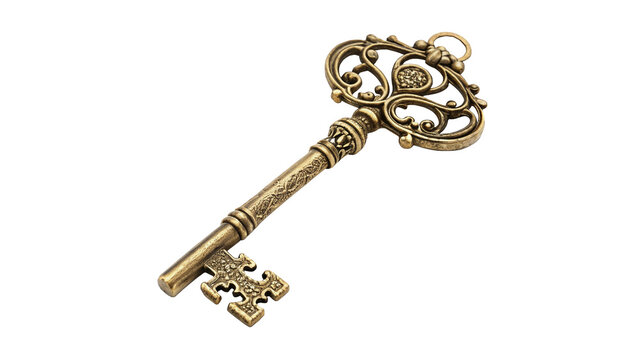 Ancient vintage ornate metal key isolated historic security lock element design