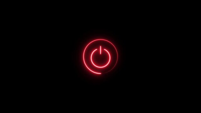 Glowing red neon power button animation on black background, for tech interface