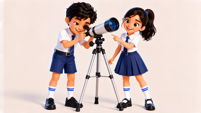 Cute Schoolboy and Schoolgirl Exploring the Sky with a Telescope, 3D Cartoon Astronomy Education Concept