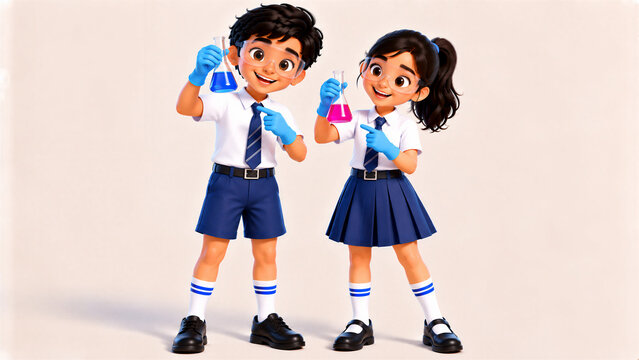 Cute Schoolboy and Schoolgirl Conducting Chemistry Experiments with Colorful Flasks, 3D Cartoon Science Concept