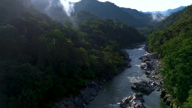 Aerial View of Rocky River Canyon in Ecuador Rainforest, Whitewater Flow, Steep Forested Banks and Remote Andean Amazon Nature Landscape