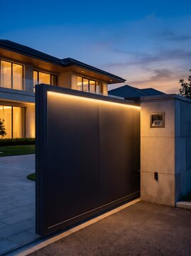  Modern automated villa entrance gate at twilight, sleek black metal design with subtle glowing LED strip and discreet license plate recognition camera, warm light from villa background