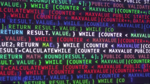 Dynamic Software Coding Background Animation on computer Screen. Technology concept.