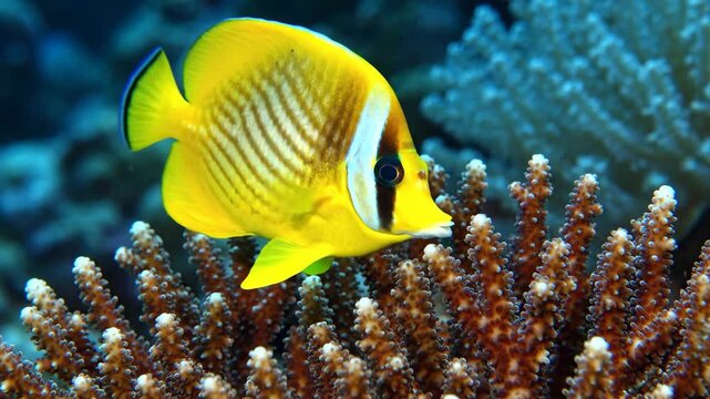 A bright yellow butterflyfish swims near coral while exploring the ocean environment