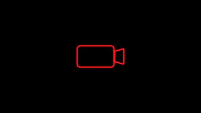 Red Live Stream Video Camera Outline Animated Icon with Flashing Live Text. Isolated Motion Graphic on Black Background