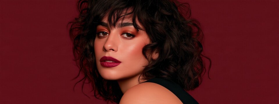 Woman with dark curls and bold red lipstick gazes softly