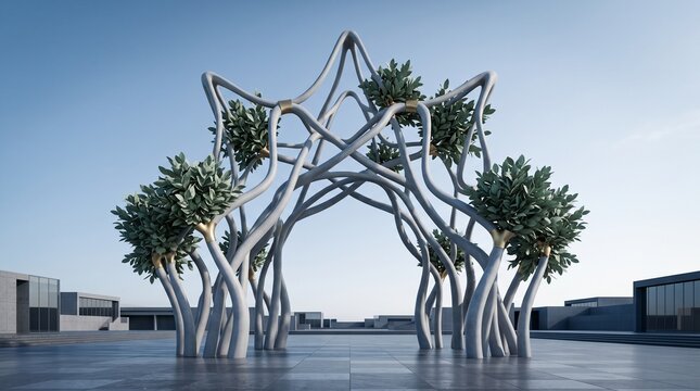 Futuristic botanical architecture with leafy trees and parametric design on a gray plaza