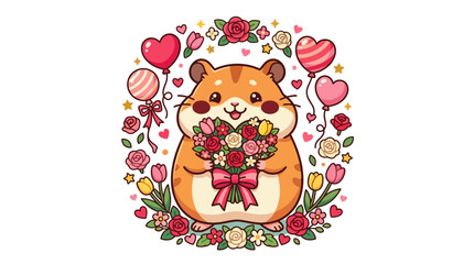 Fototapeta premium Cute hamster holding a large bouquet of roses.