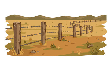 Obraz premium Desert landscape with barbed wire fence and hills