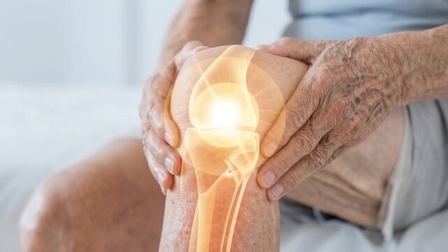 Senior Patient Holding Painful Knee with Glowing Anatomical Bone X-Ray Overlay.