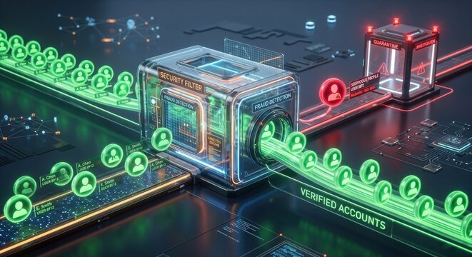 Network security flow for account takeover detection, identity signals, authentication checks, and fraud risk.