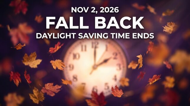 Fall back reminder with autumn leaves and clock displaying end of daylight saving time