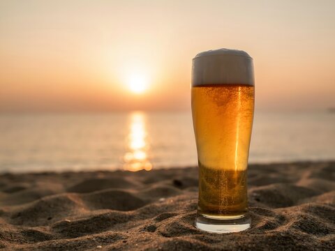 Close-up of a glass of golden beer standing on sandy beach at sunset