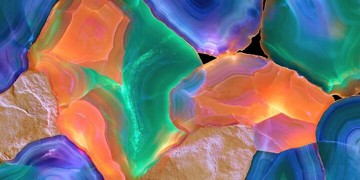 Vibrant abstract mineral patterns with fluorescent colors and layered textures