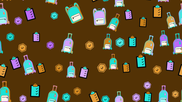 Seamless pattern of backpacks, suitcases, and clipboards