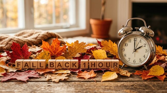 Autumn still life with wooden letters clock and colorful fallen leaves