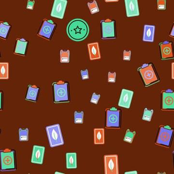 Seamless pattern of medical icons, backpacks, and leaves
