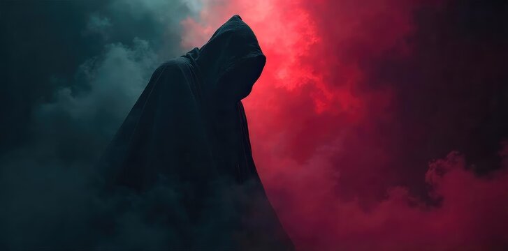 A shadowy figure shrouded in darkness, their intentions unclear, exuding an aura of malevolence and deceit  The image suggests hidden agendas and moral ambiguity ,  horror,  wicked