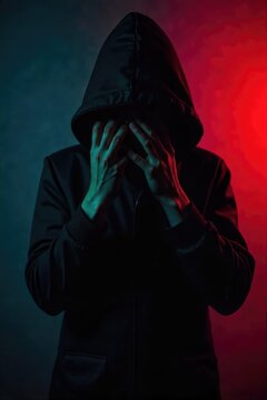 A shadowy figure subtly concealing something, evoking a sense of deception and mystery  The image suggests a hidden truth and the weight of a secret ,  deception,  suspicious,  prevarication