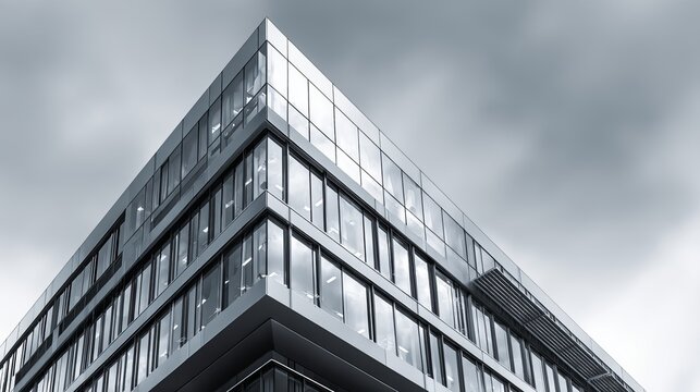 Modern glass building presents sleek architecture under dramatic stormy clouds, concept for urban development and corporate design