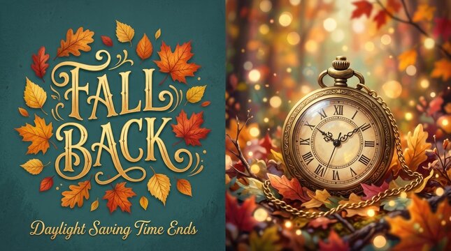 Autumnal fall back concept with watercolor leaves and clock illustration