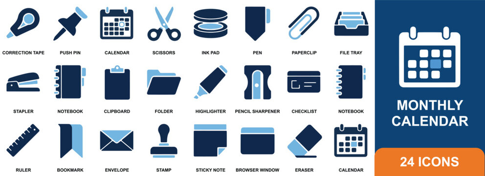 Collection of flat stationery icons including correction tape scissors and a monthly calendar office supplies