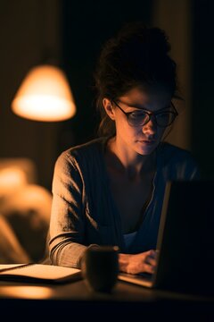 Fokussierte Frau beim Arbeiten am Laptop im Homeoffice f&uuml;r Remote-Work-Blogs, E-Learning-Plattformen und Karriere-Magazine