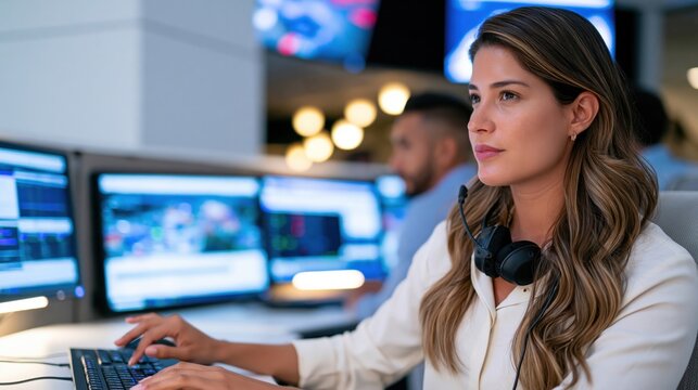 Woman wearing headset working at computer station with multiple monitors in control room